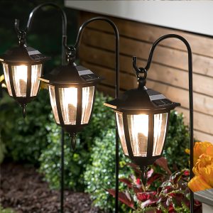 4 Pack Solar Hanging Lights, Solar Powered Outdoor Lanterns with 4 x 38 Inch Shepherd Hooks, Garden Decorative Landscape Lighting for Lawn Patio Yard Pathway Driveway, Warm White